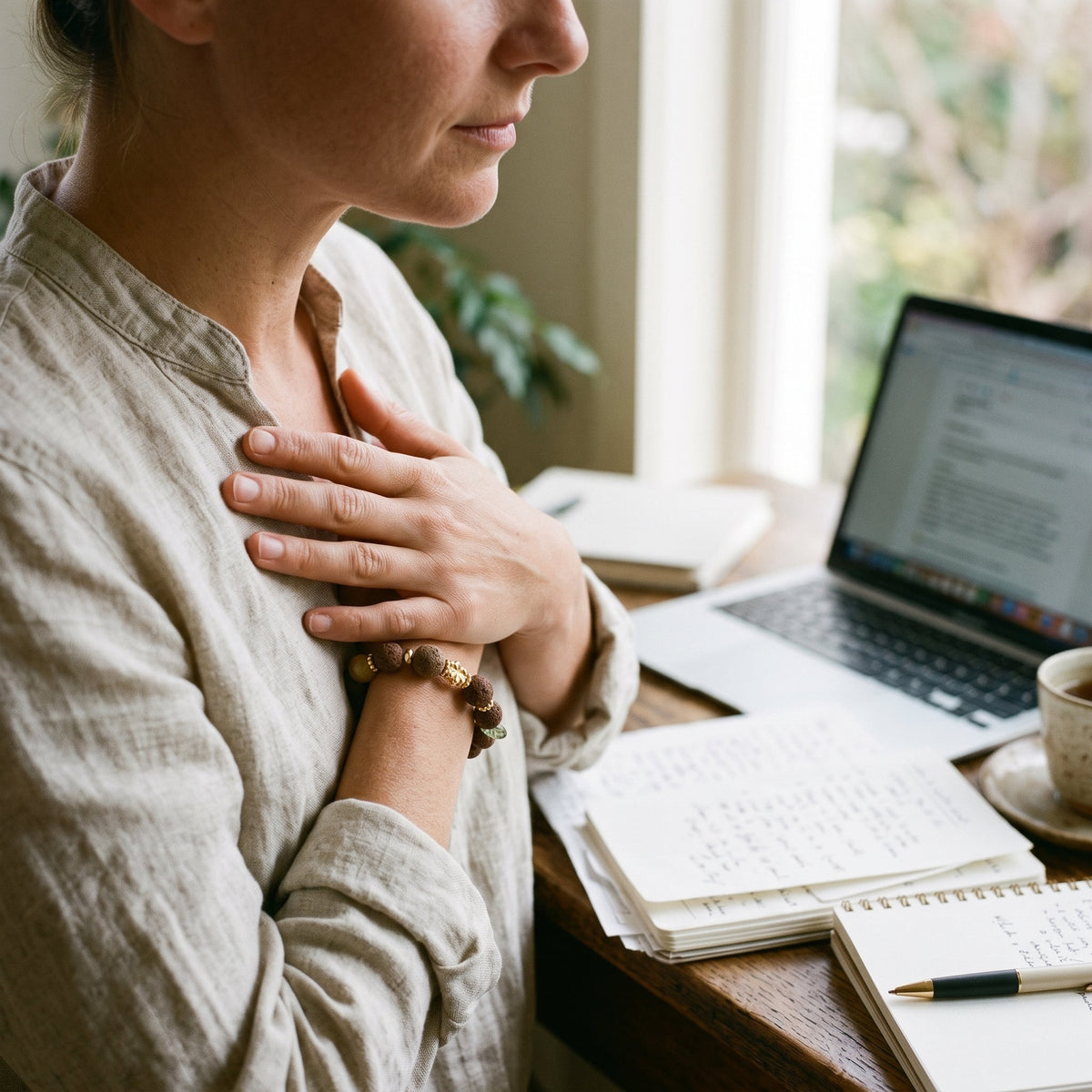 Woman at her desk pausing to breathe in her incense bead bracelet