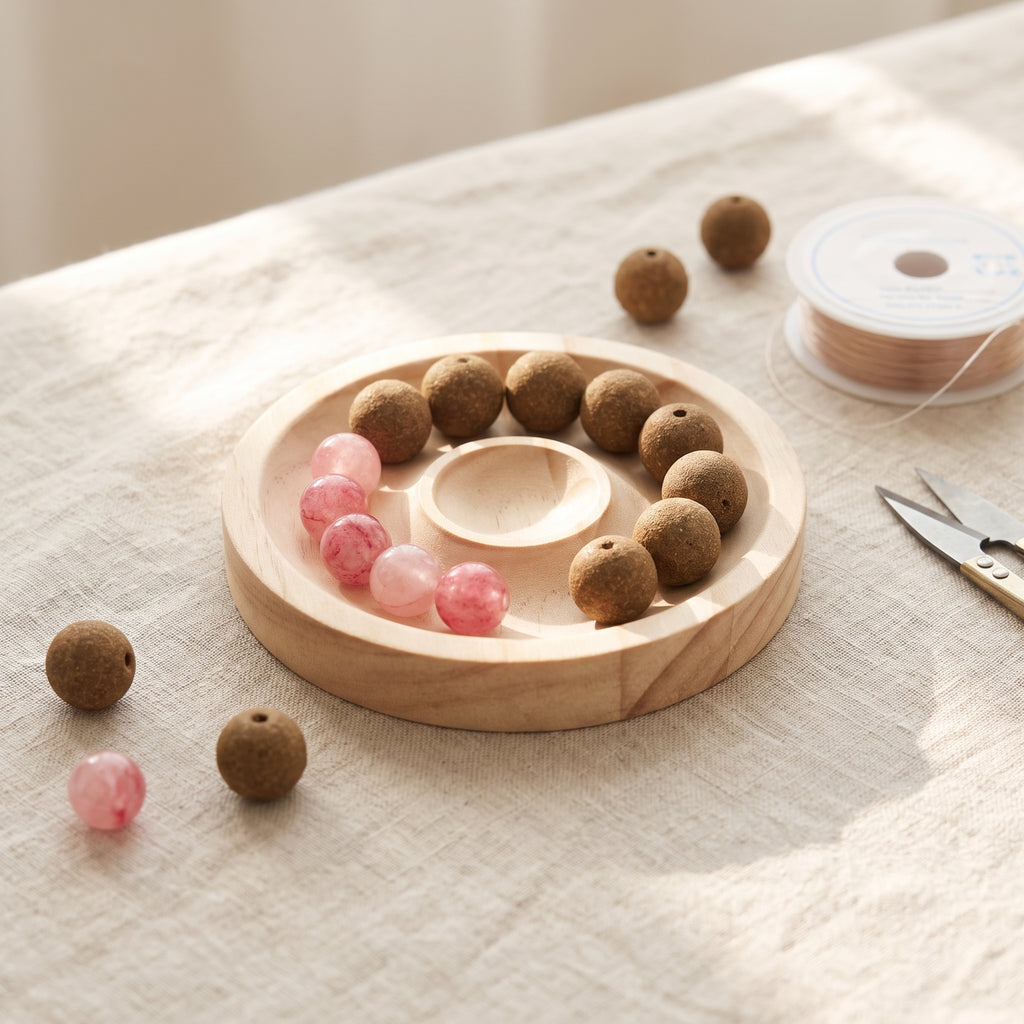 Round pine bead holder with beads laid in a circular channel for bracelet making