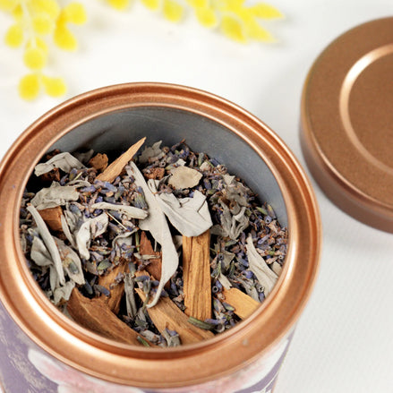 Deep Calm herbal tea blend in copper tin with lavender, sage and cinnamon