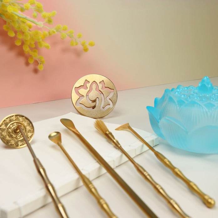 Blue Glass Lotus Incense Burner & Complete Tool Set - Dawn Ethereal Incense Sealing Kit