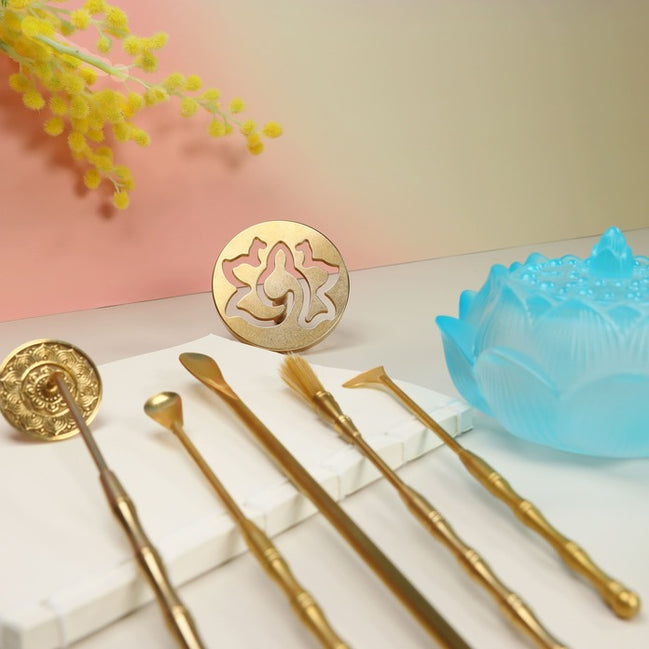 Blue Glass Lotus Incense Burner & Complete Tool Set - Dawn Ethereal Incense Sealing Kit