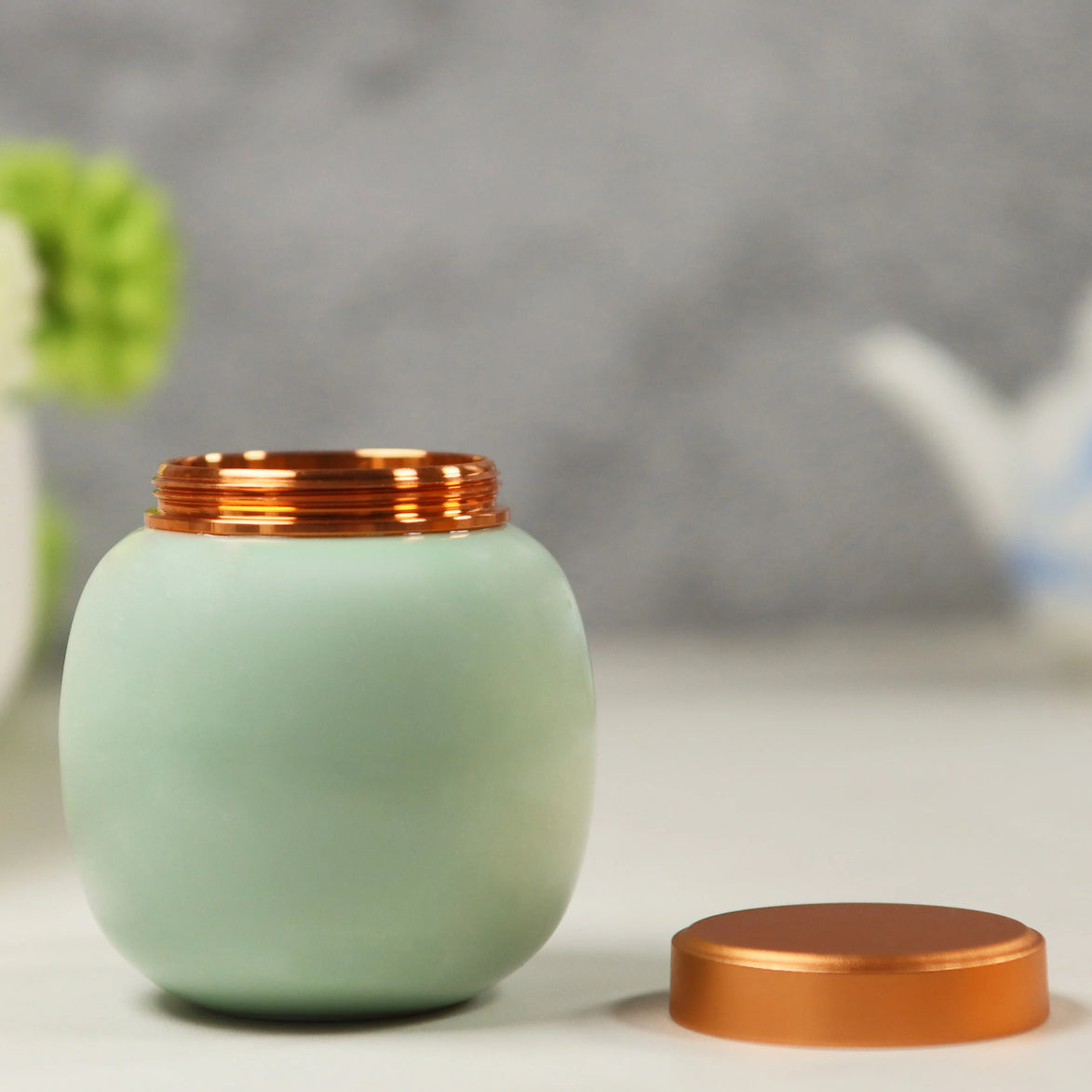 Lily Jar 201 mint green ceramic jar with rose gold lid, large incense storage container