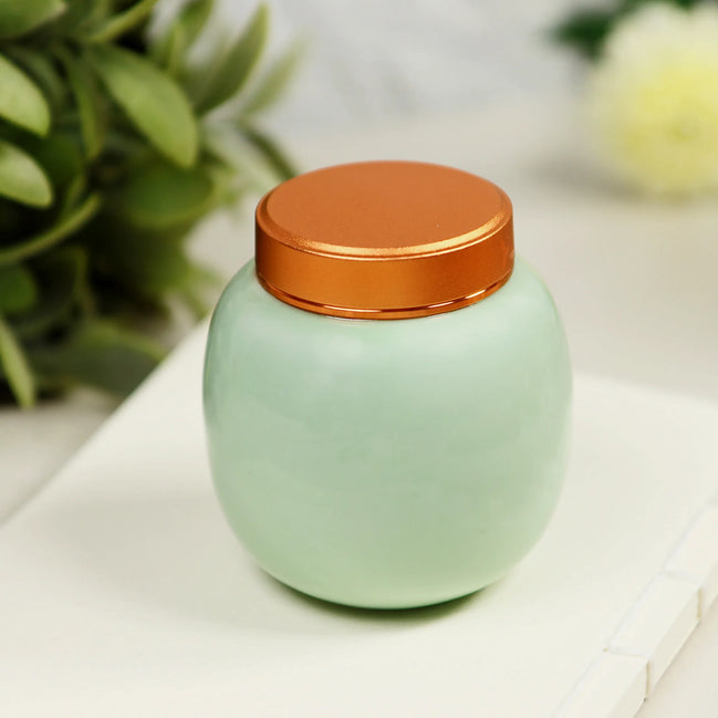 Lily jar mint green frosted glass with copper lid for incense storage