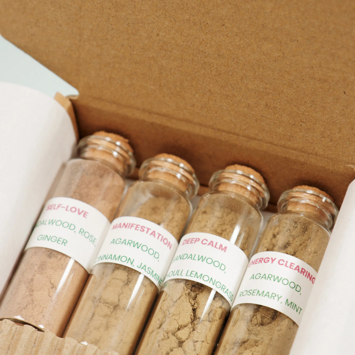 Natural incense blend starter set in glass vials with kraft packaging