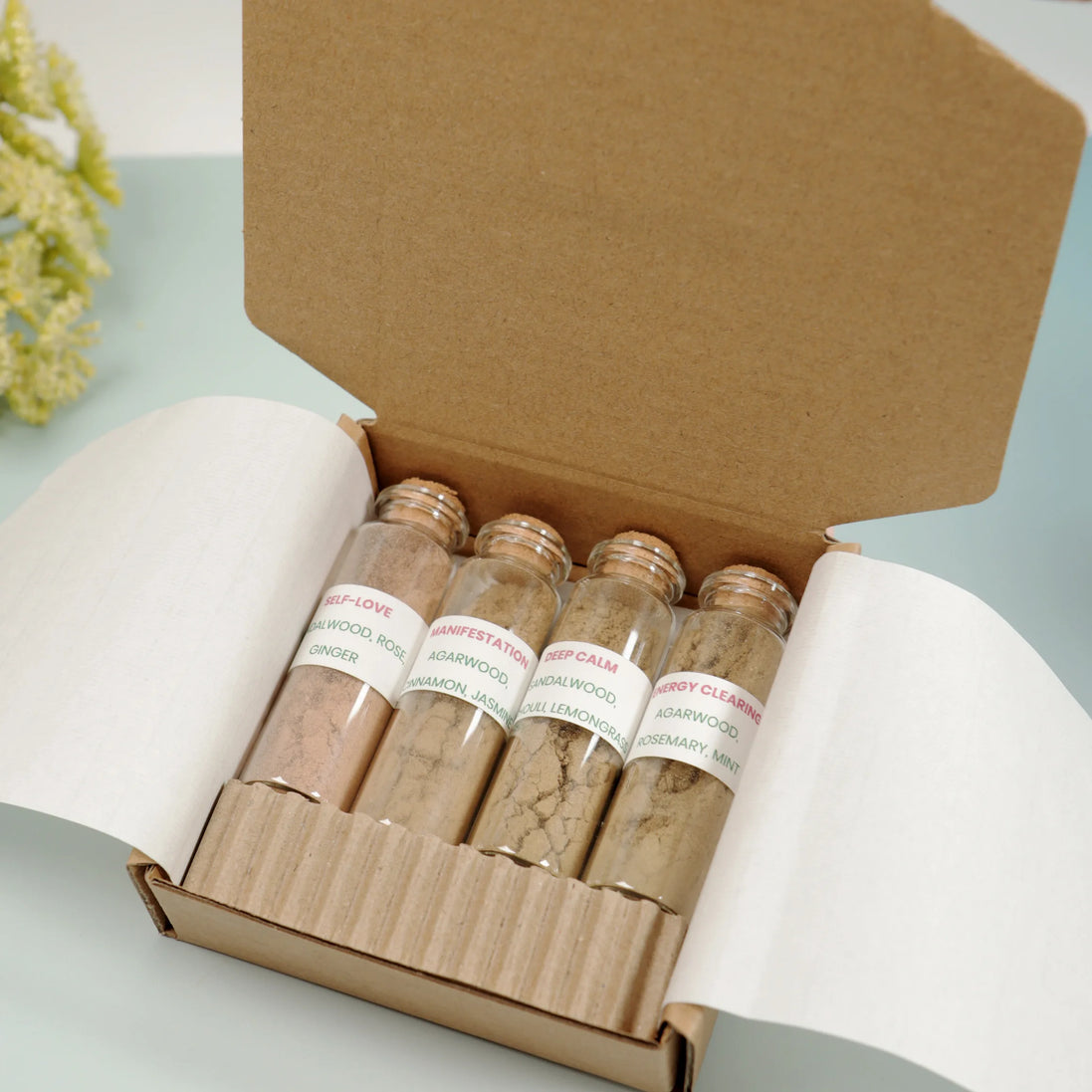 Natural incense blend starter set in eco-friendly kraft box with four glass vials