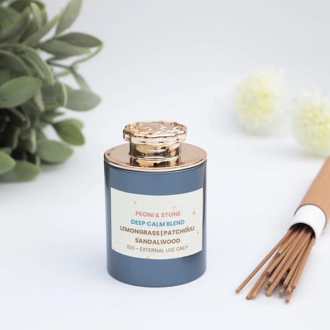 Peoni & Stone Deep Calm Blend incense jar with rose gold lid and sandalwood sticks