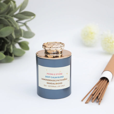 Peoni & Stone Deep Calm Blend incense jar with rose gold lid and sandalwood sticks