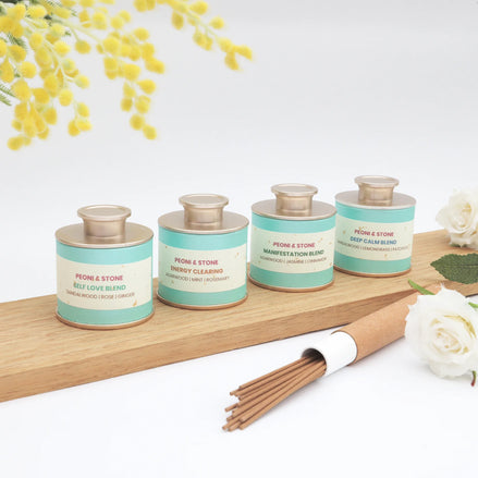 Peoni & Stone incense blend collection with bamboo holder on wooden tray