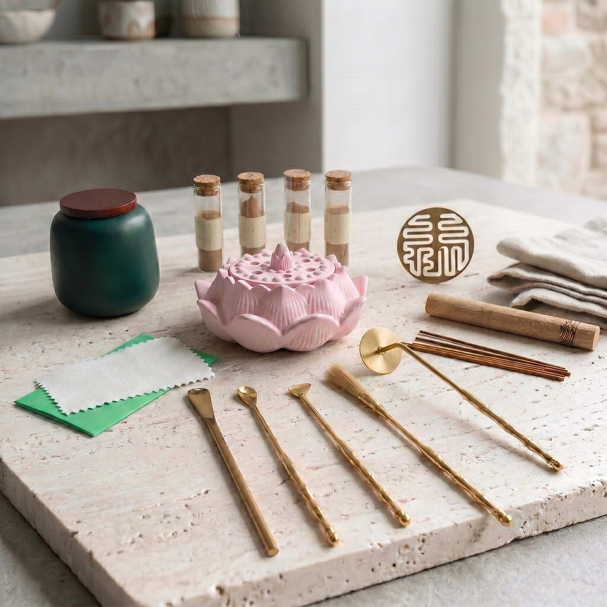 Dawn Classic Handmade Pink Incense Burner & Complete Tool Set - Incense Sealing Kit