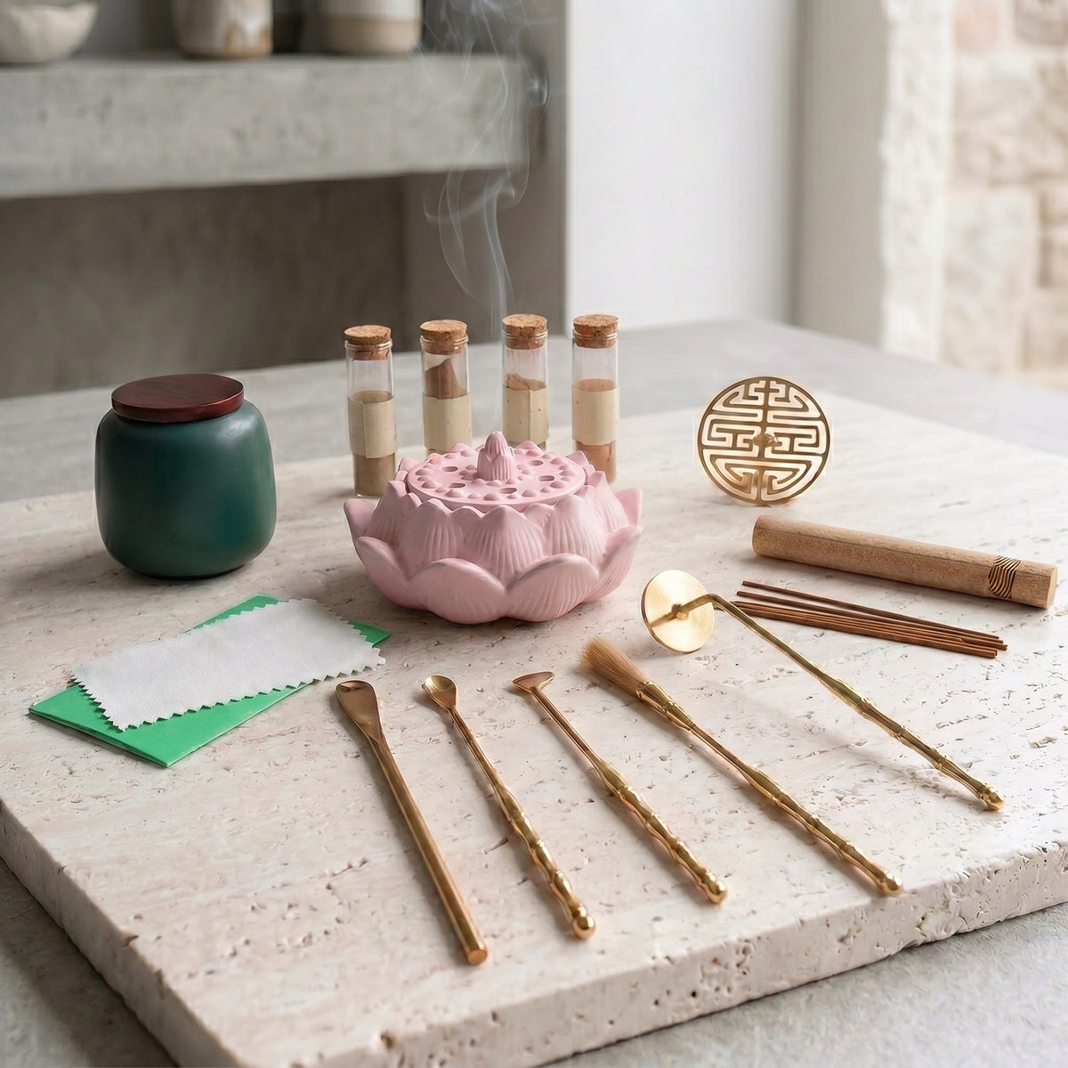 Dawn Classic Handmade Pink Incense Burner & Complete Tool Set - Incense Sealing Kit