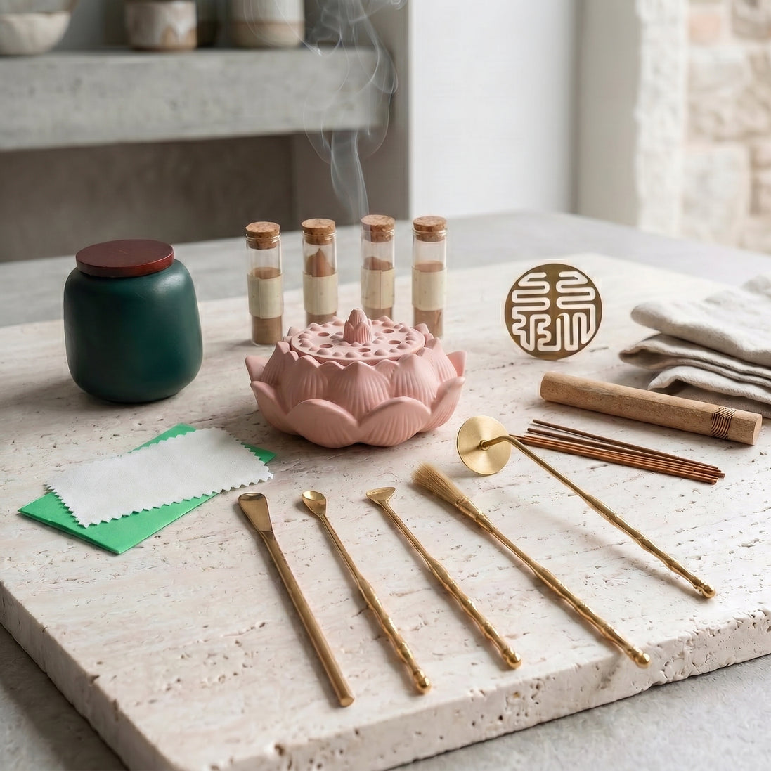 Dawn Classic Handmade Dusty Pink Incense Burner & Complete Tool Set - Incense Sealing Kit