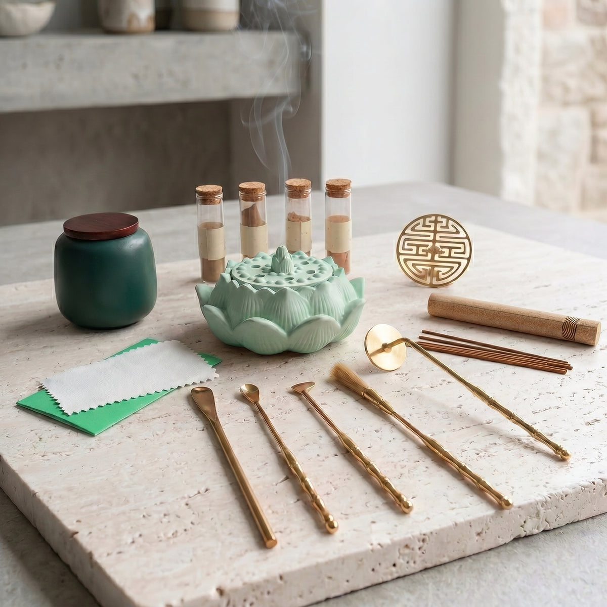 Dawn Classic Handmade Pale Green Incense Burner & Complete Tool Set - Incense Sealing Kit