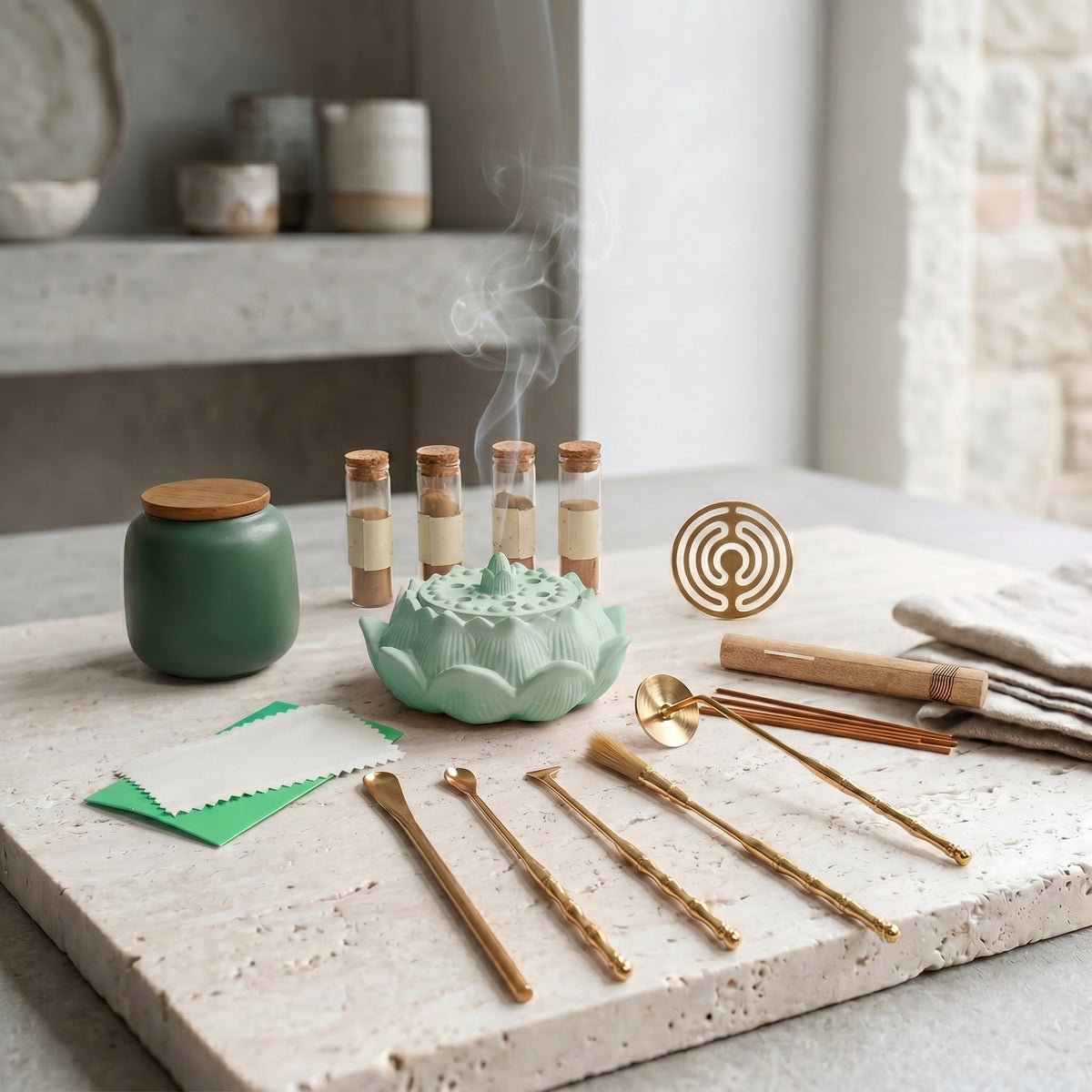 Dawn Classic Handmade Pale Green Incense Burner & Complete Tool Set - Incense Sealing Kit