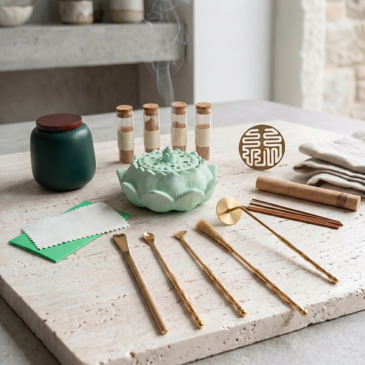 Dawn Classic Handmade Pale Green Incense Burner & Complete Tool Set - Incense Sealing Kit