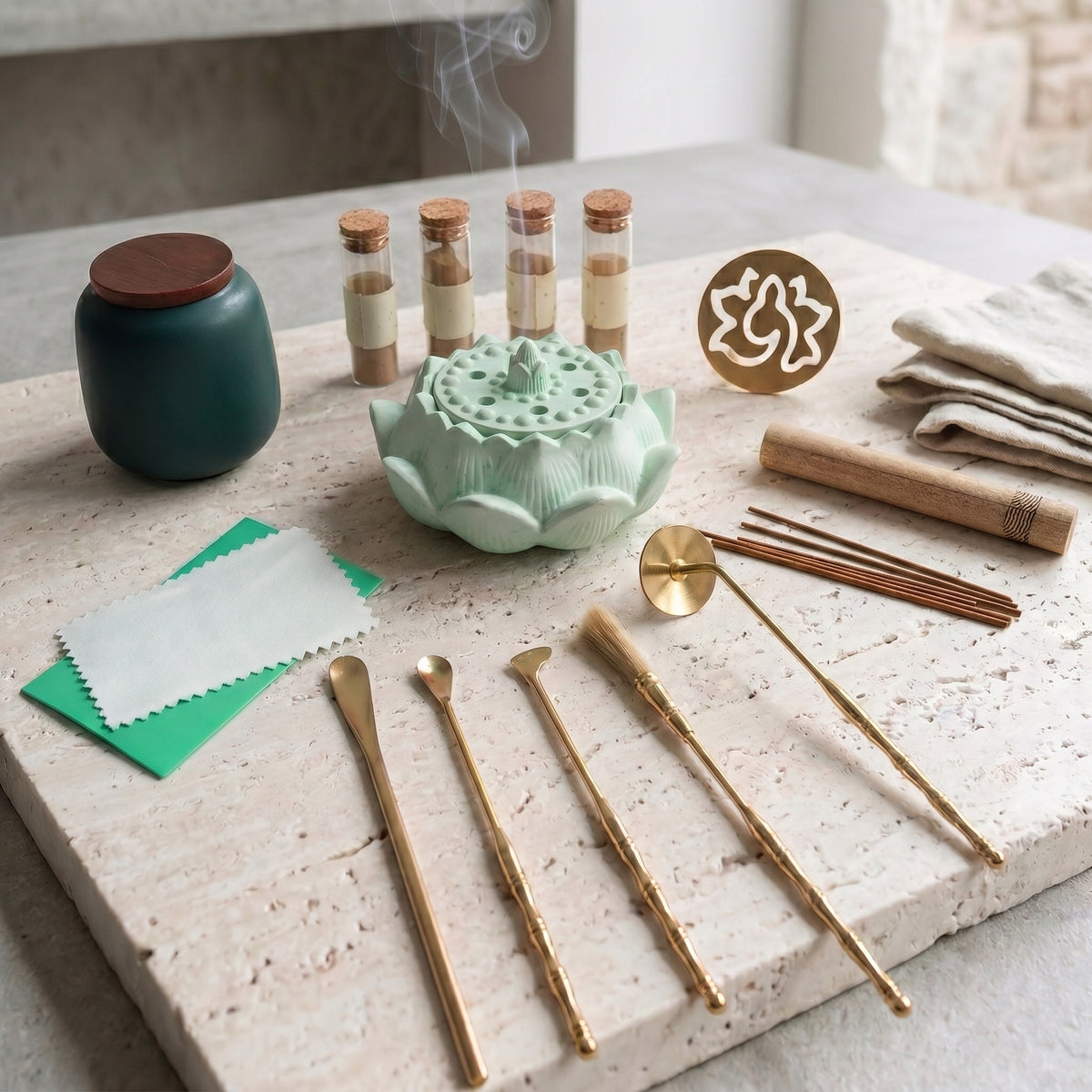 Dawn Classic Handmade Pale Green Incense Burner & Complete Tool Set - Incense Sealing Kit