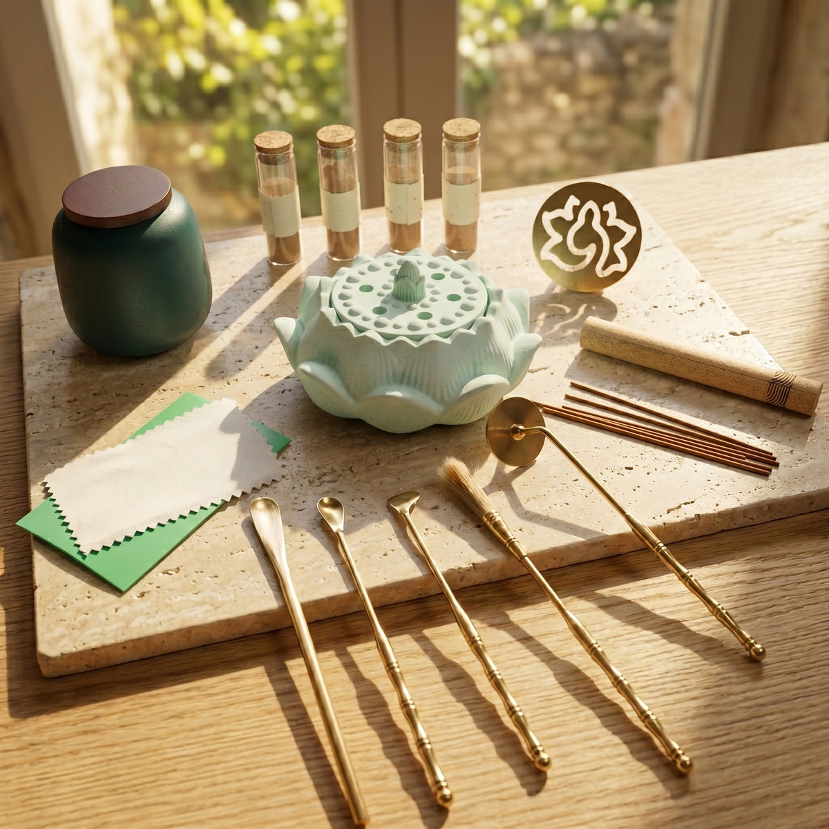 Dawn Classic Handmade Pale Green Incense Burner & Complete Tool Set - Incense Sealing Kit