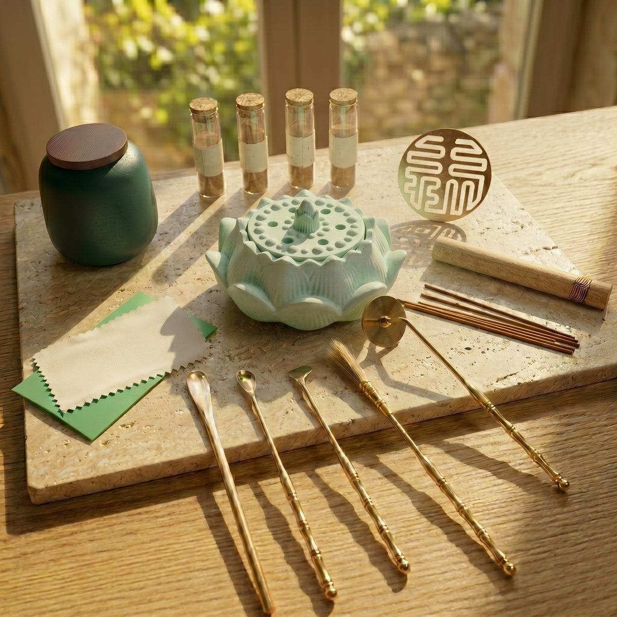 Dawn Classic Handmade Pale Green Incense Burner & Complete Tool Set - Incense Sealing Kit