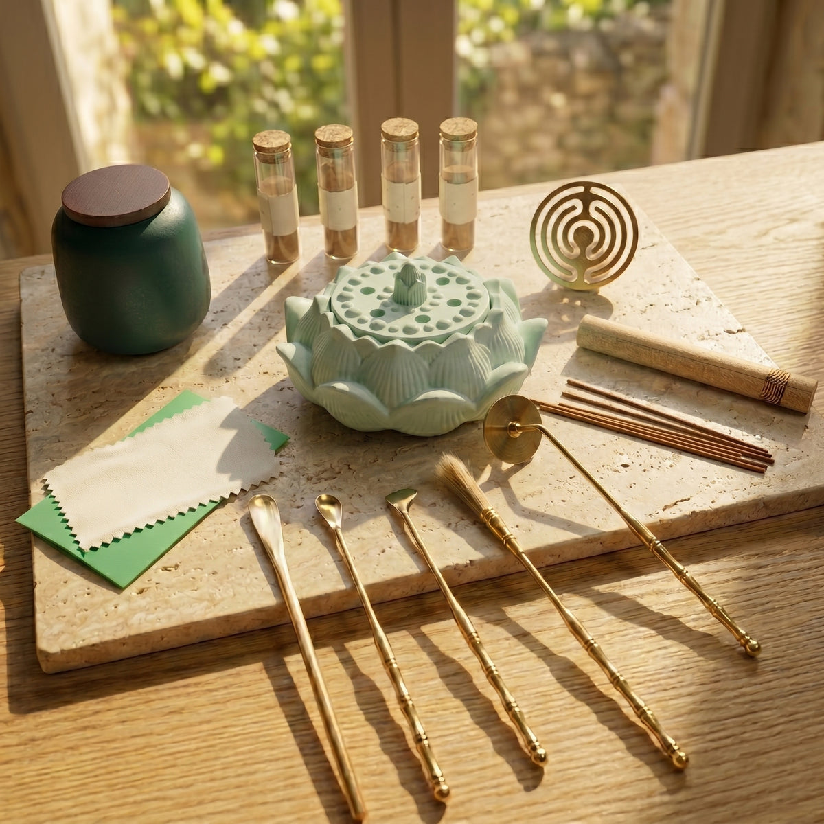 Dawn Classic Handmade Pale Green Incense Burner & Complete Tool Set - Incense Sealing Kit