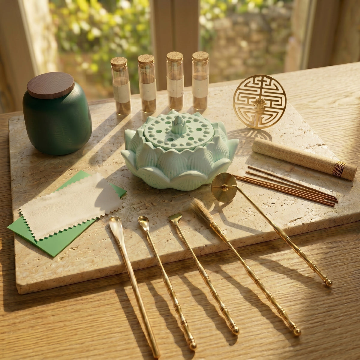 Dawn Classic Handmade Pale Green Incense Burner & Complete Tool Set - Incense Sealing Kit