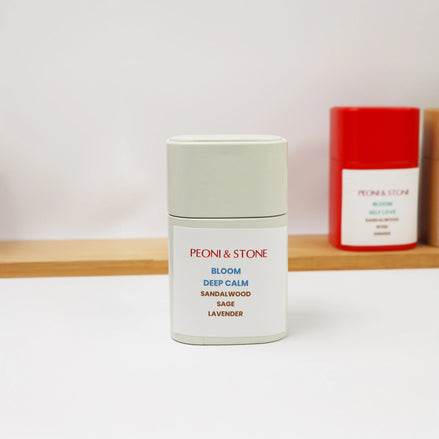 Peoni & Stone Bloom Deep Calm jar with sage green lid featuring sandalwood, sage and lavender blend