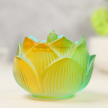 Yellow to green gradient glass lotus flower incense burner with detailed petal design and ridged texture