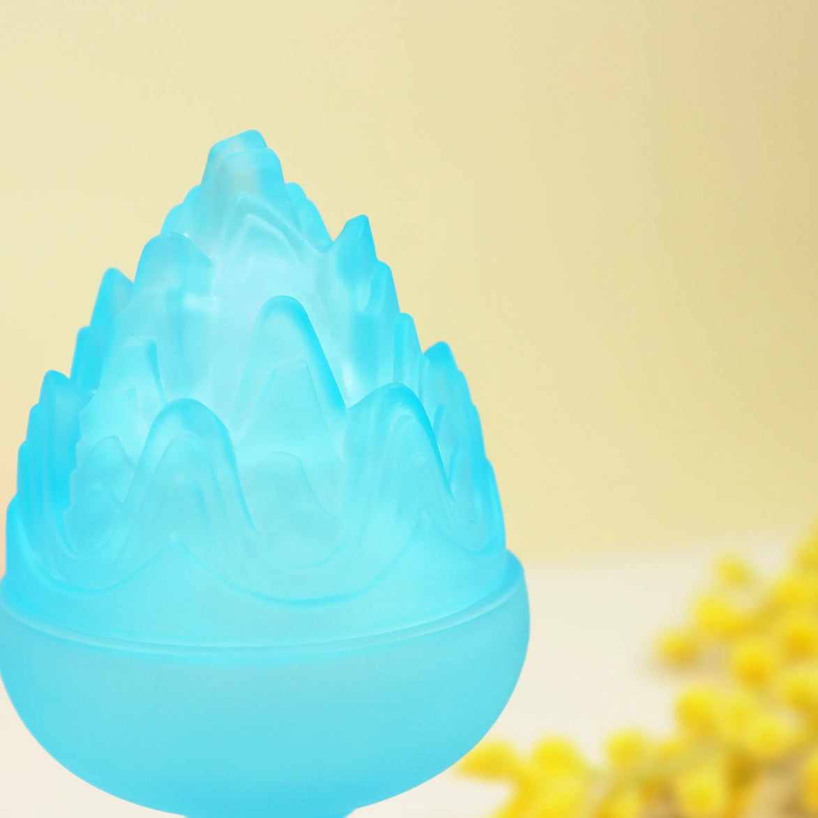 Translucent blue glass Boshan incense burner set with lotus bowl and flame-topped lid on pedestal base