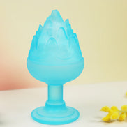 Translucent blue glass Boshan incense burner with mountain-shaped flame design on pedestal base