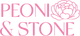 Peoni & Stone logo in pink serif text with illustrated peony flower accent