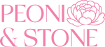 Peoni & Stone logo in pink serif text with illustrated peony flower accent