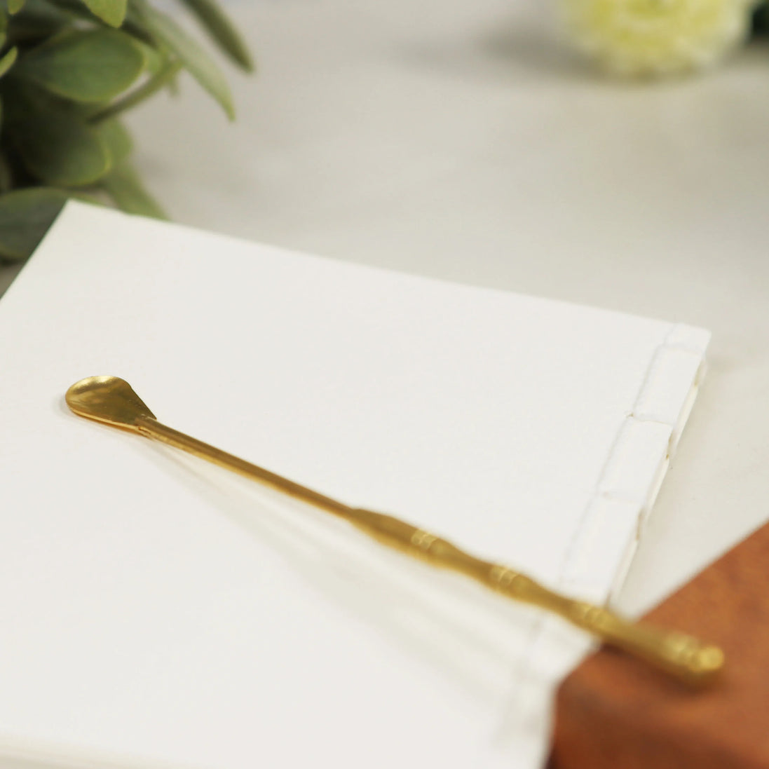 Golden brass spoon with long handle and rounded bowl resting on white surface with plants in background