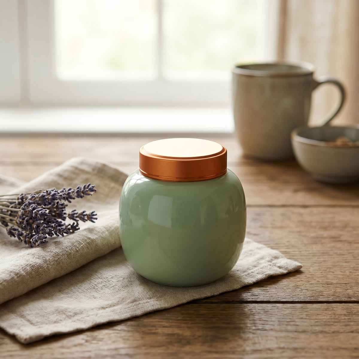 Lily Airtight Powder and Tea Jar – Celadon Green Ceramic Body & Copper-Threaded Aluminium Lid