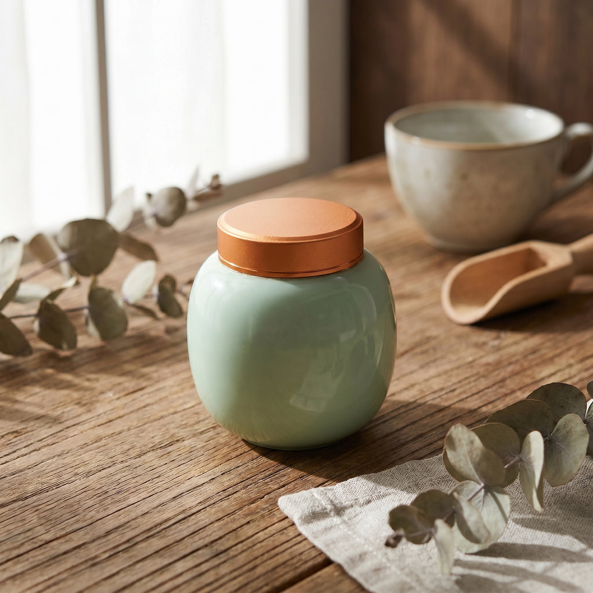 Lily Airtight Powder and Tea Jar – Celadon Green Ceramic Body & Copper-Threaded Aluminium Lid