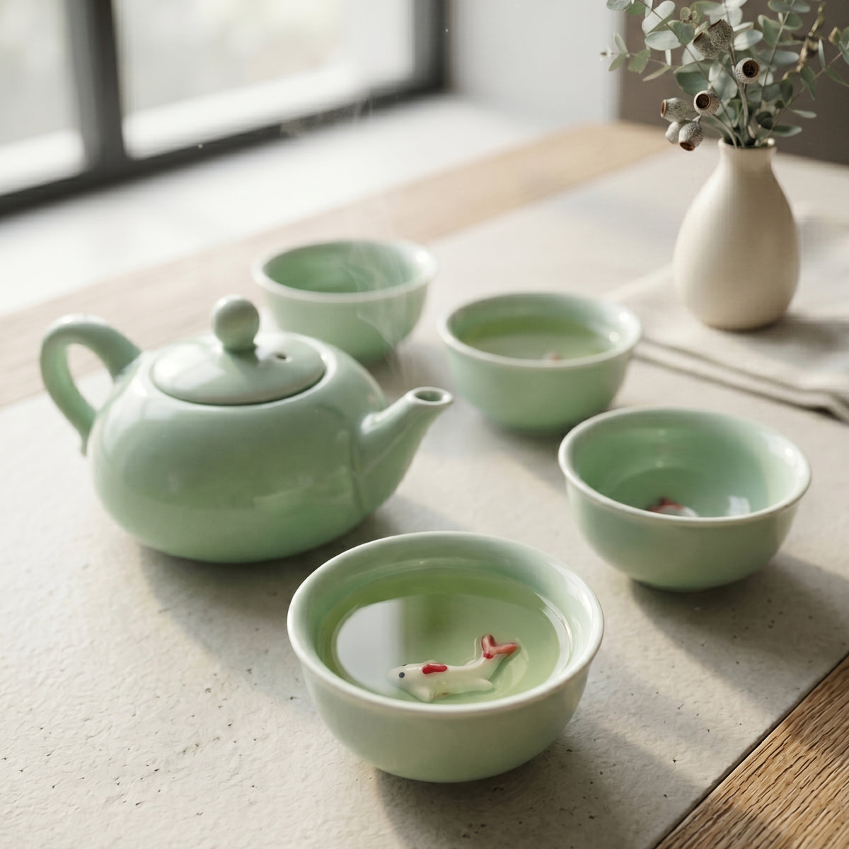 Celadon Koi Tea Set