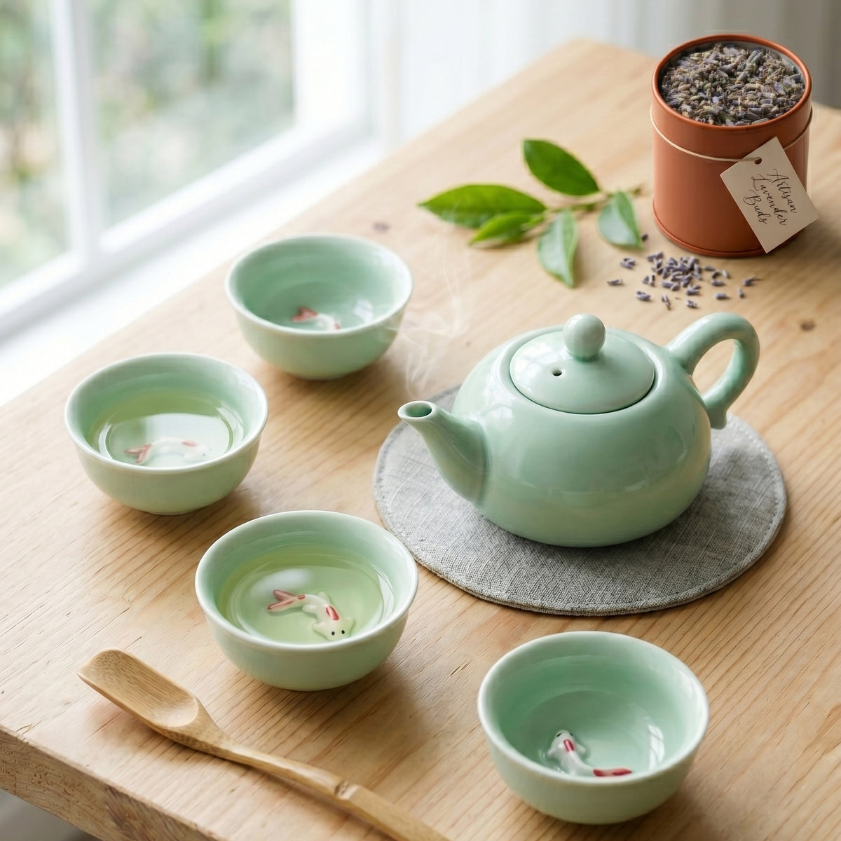 Celadon Koi Tea Set